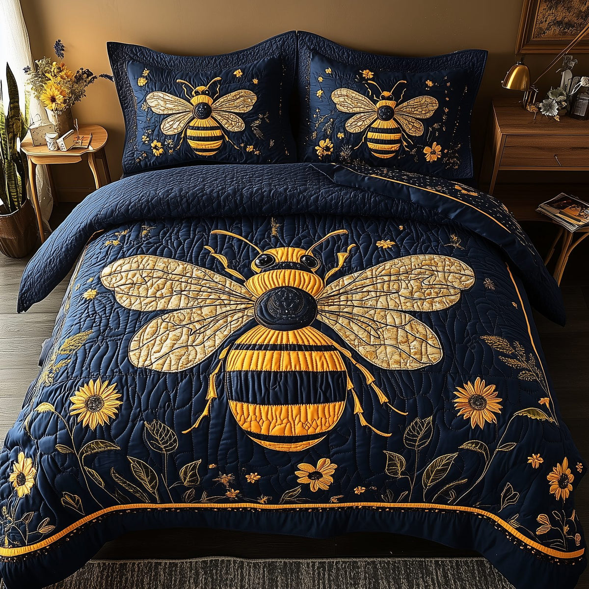 Bee Positive quilted 3-piece bedding set on a made bed with two matching pillow shams