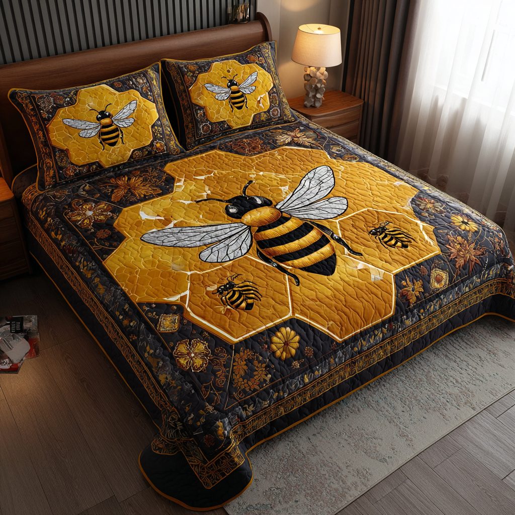 Bee Whisper quilted 3-piece bedding set on a made bed with two matching pillow shams