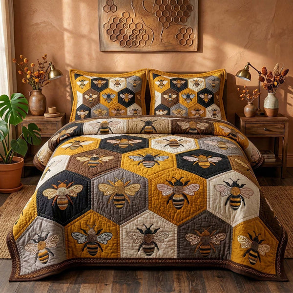 Beehive quilted 3-piece bedding set on a made bed with two matching pillow shams