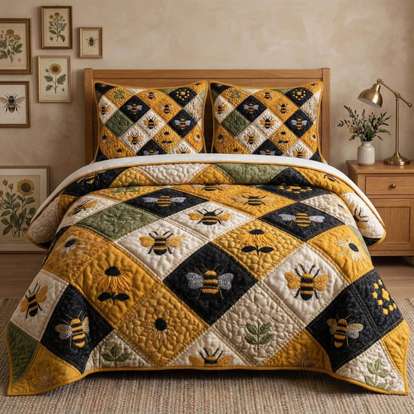 Beehive quilted 3-piece bedding set on a made bed with two matching pillow shams