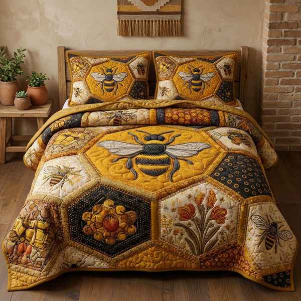 Beehive quilted 3-piece bedding set on a made bed with two matching pillow shams