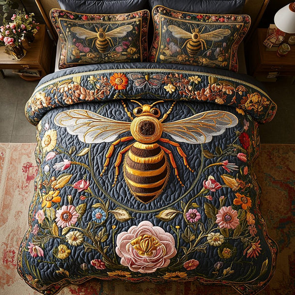 Beekeeper Dream quilted 3-piece bedding set on a made bed with two matching pillow shams