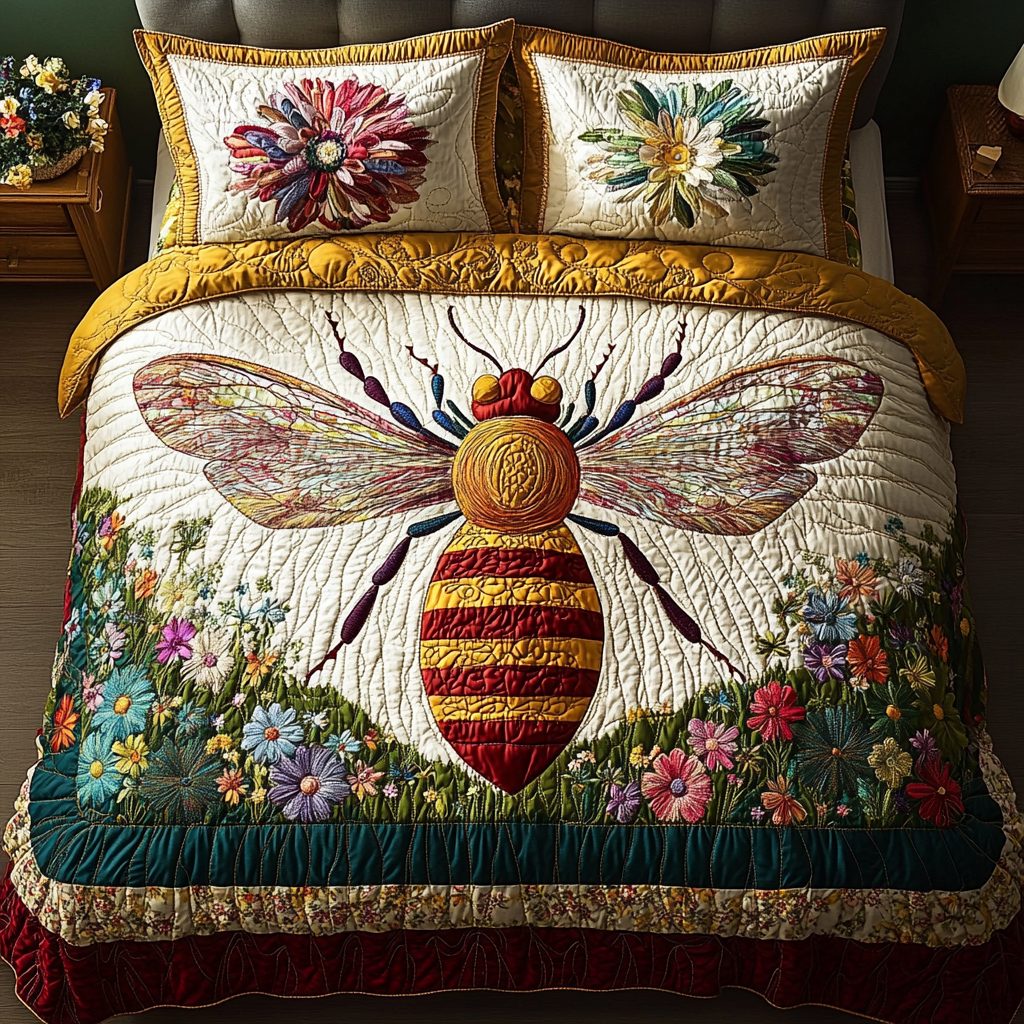 Beekeeper Dream quilted 3-piece bedding set on a made bed with two matching pillow shams