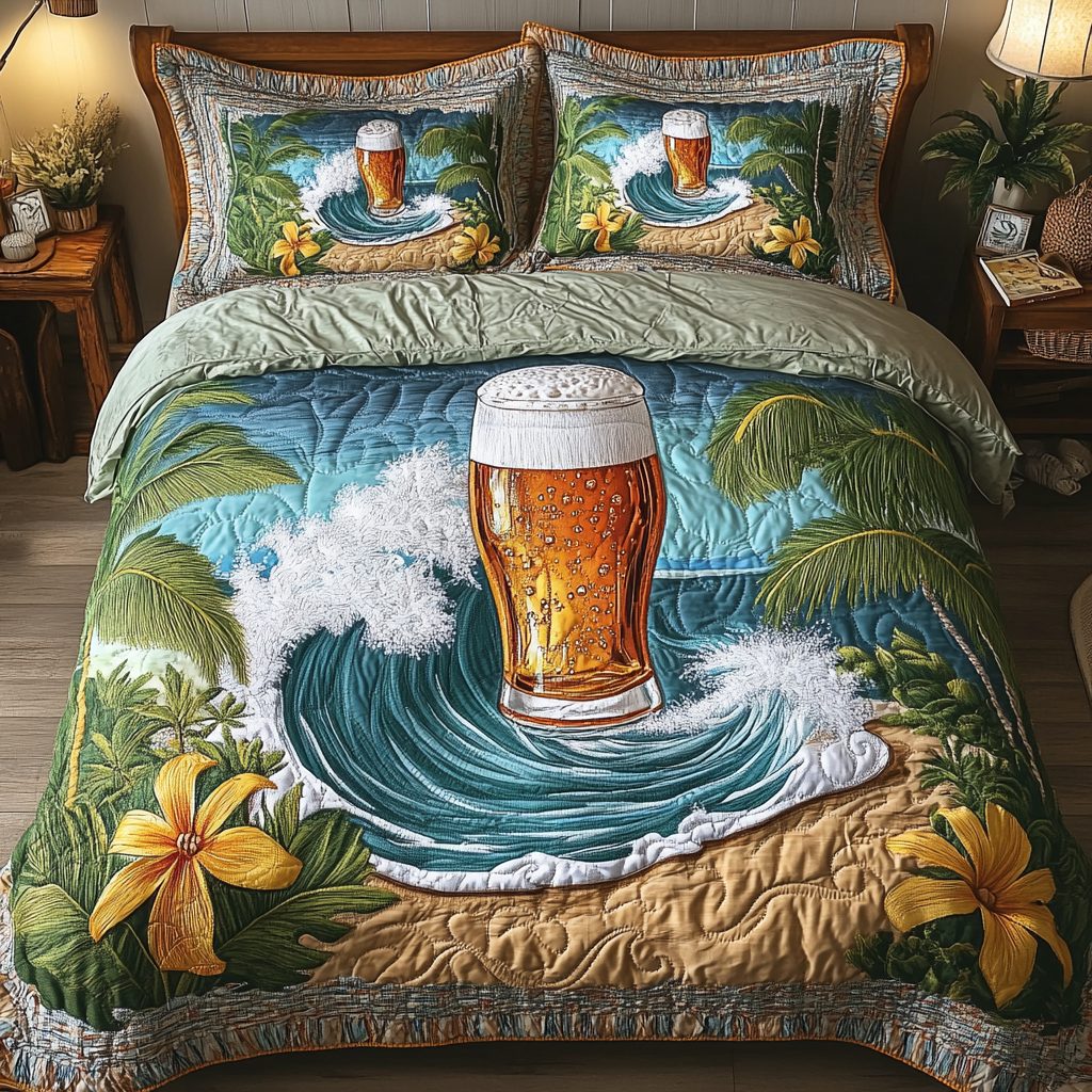 Beer Bliss quilted 3-piece bedding set on a made bed with two matching pillow shams