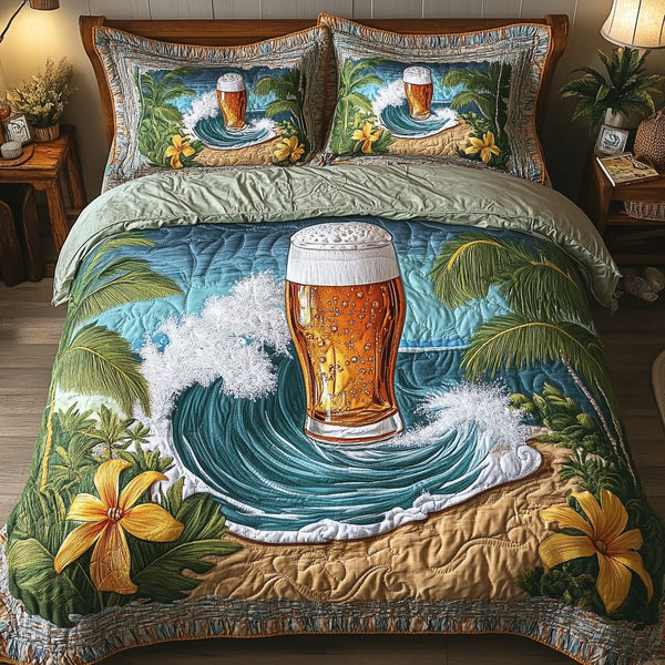 Beer Bliss quilted 3-piece bedding set on a made bed with two matching pillow shams