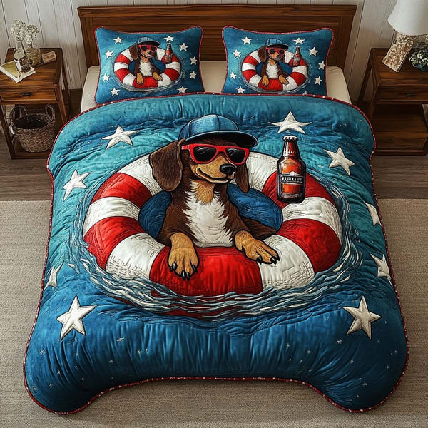 Beer Float Pup quilted 3-piece bedding set on a made bed with two matching pillow shams
