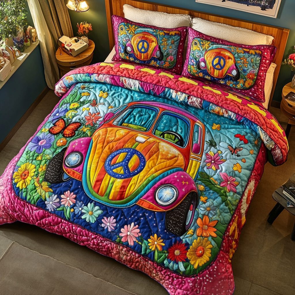 Beetle Adventure quilted 3-piece bedding set on a made bed in a winter-styled bedroom
