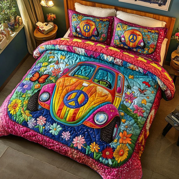 Beetle Adventure quilted 3-piece bedding set on a made bed in a winter-styled bedroom