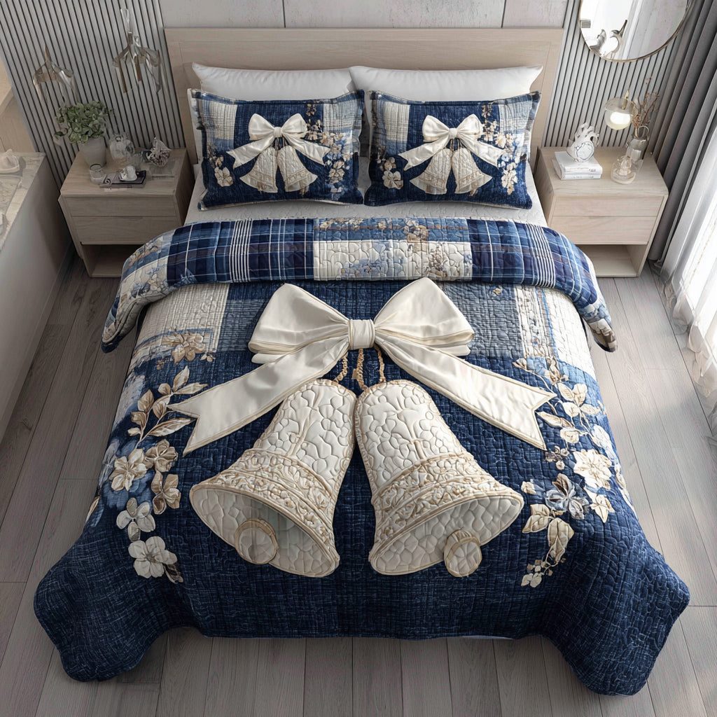 Bell Ribbon Blue quilted 3-piece bedding set on a made bed with two matching pillow shams