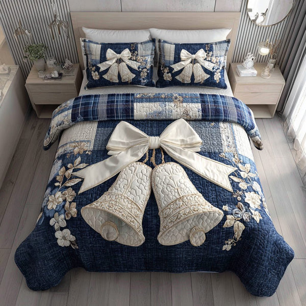 Bell Ribbon Blue quilted 3-piece bedding set on a made bed with two matching pillow shams