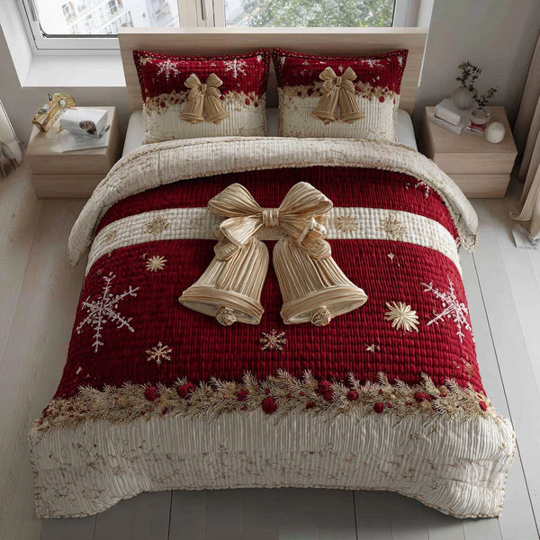 Bell Snowfall quilted 3-piece bedding set on a made bed with two matching pillow shams
