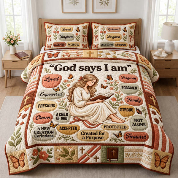 Beloved Bible Garden quilted 3-piece bedding set on a made bed in a softly lit bedroom