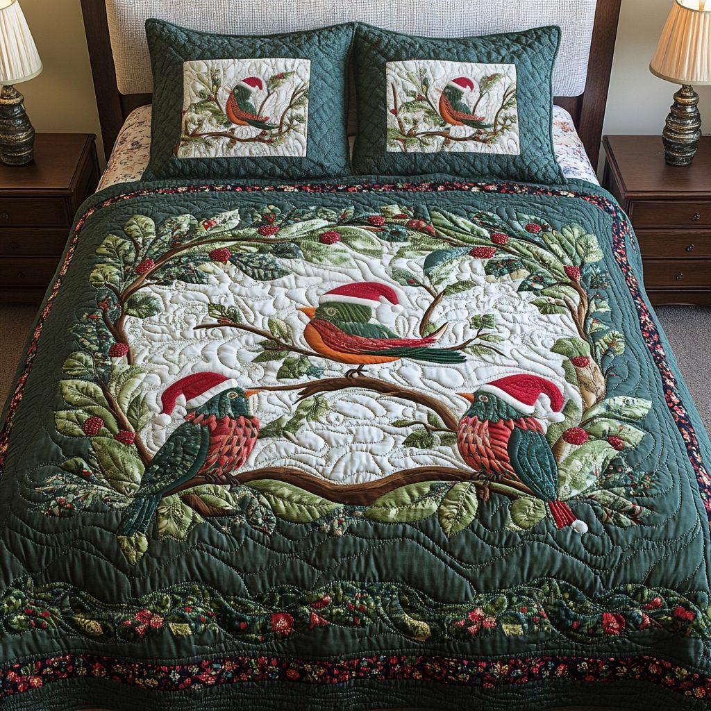 Berry Bliss quilted 3-piece bedding set on a made bed with two matching pillow shams