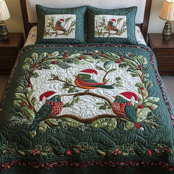 Berry Bliss quilted 3-piece bedding set on a made bed with two matching pillow shams