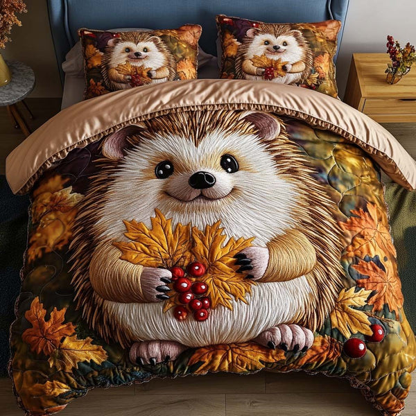 Berry Hedgehog quilted 3-piece bedding set on a made bed with two matching pillow shams