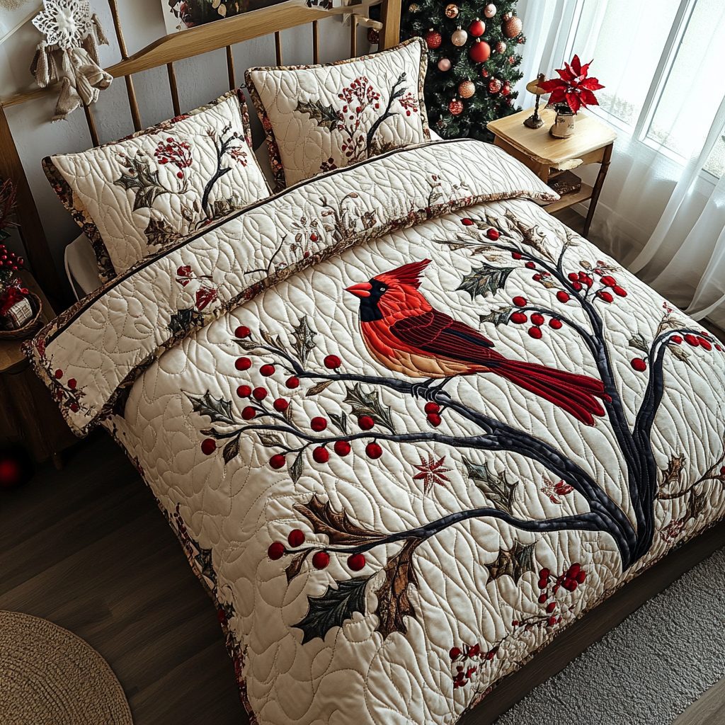 Berry Perch quilted 3-piece bedding set on a made bed with two matching pillow shams