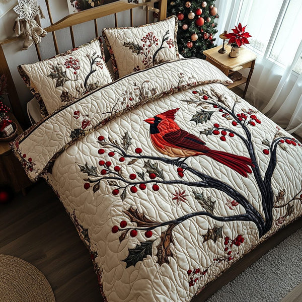 Berry Perch quilted 3-piece bedding set on a made bed with two matching pillow shams