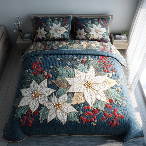 Berry Poinsettia quilted 3-piece bedding set on a made bed in a winter-styled bedroom