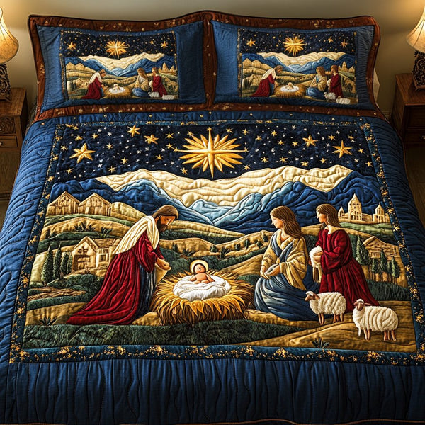 Bethlehem Bliss quilted 3-piece bedding set on a made bed with two matching pillow shams