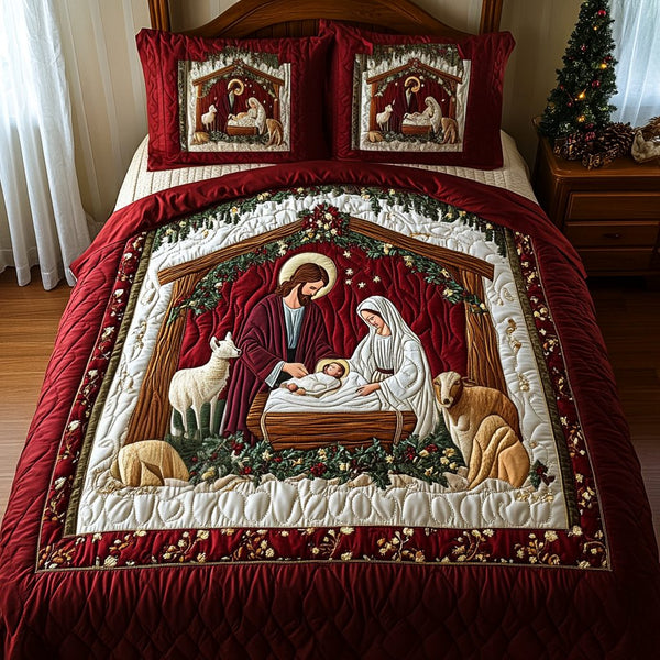 Bethlehem Comfort quilted 3-piece bedding set on a made bed with two matching pillow shams
