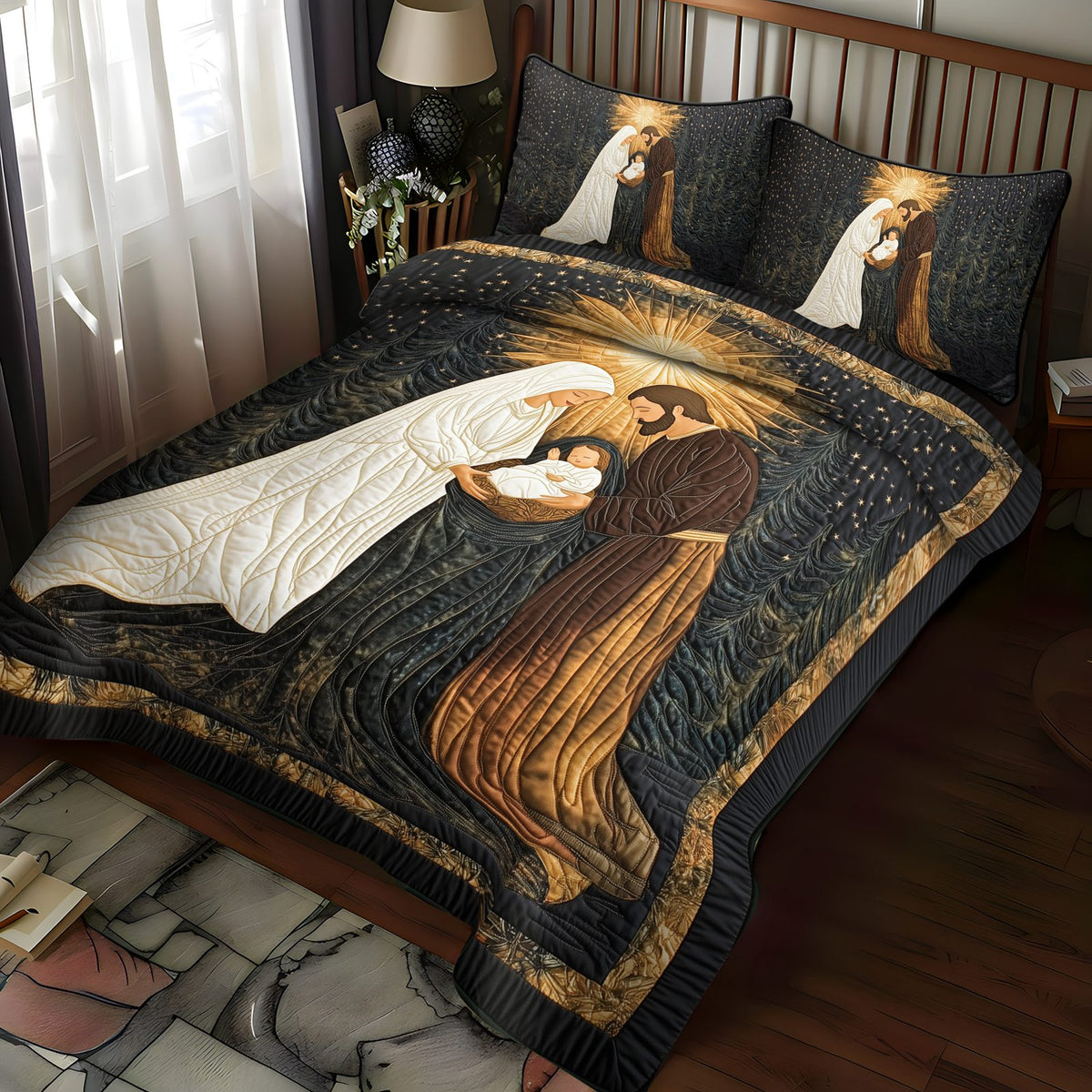 Bethlehem Divine Night quilted 3-piece bedding set on a made bed in a softly lit bedroom