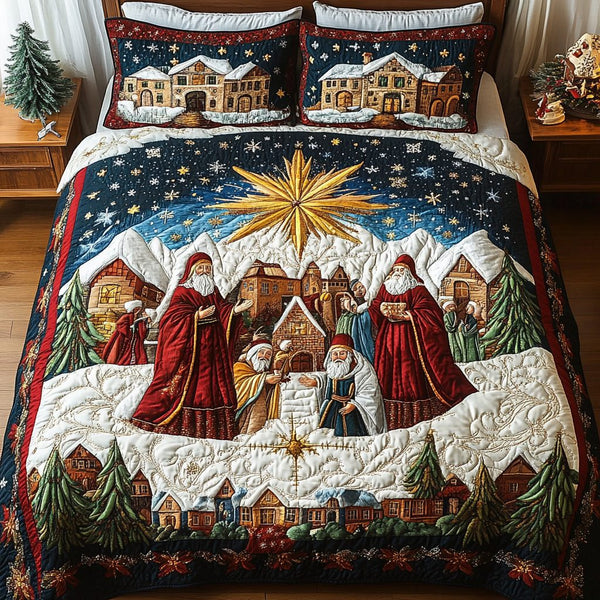 Bethlehem Dreams quilted 3-piece bedding set on a made bed with two matching pillow shams