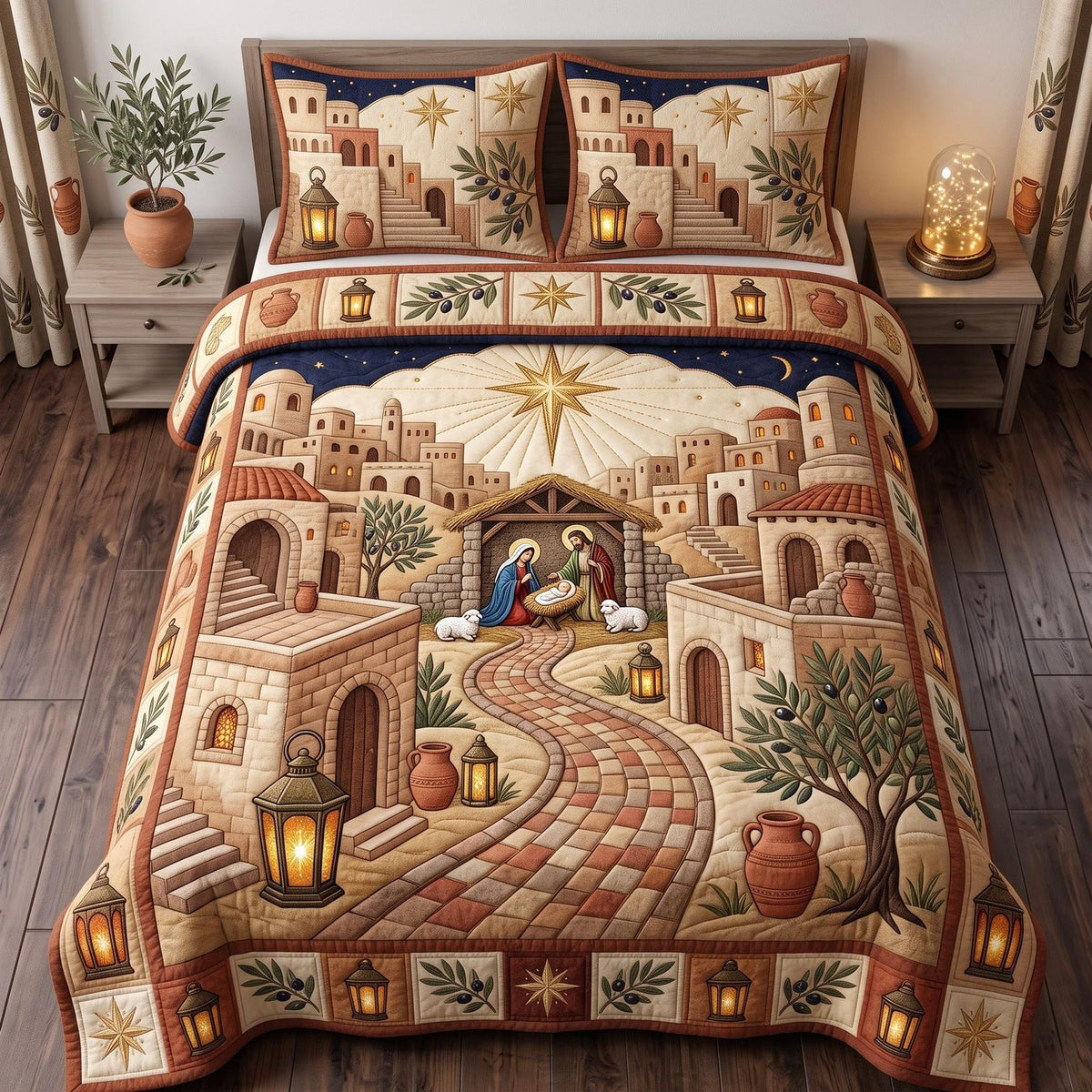 Bethlehem Journey quilted 3-piece bedding set on a made bed with two matching pillow shams