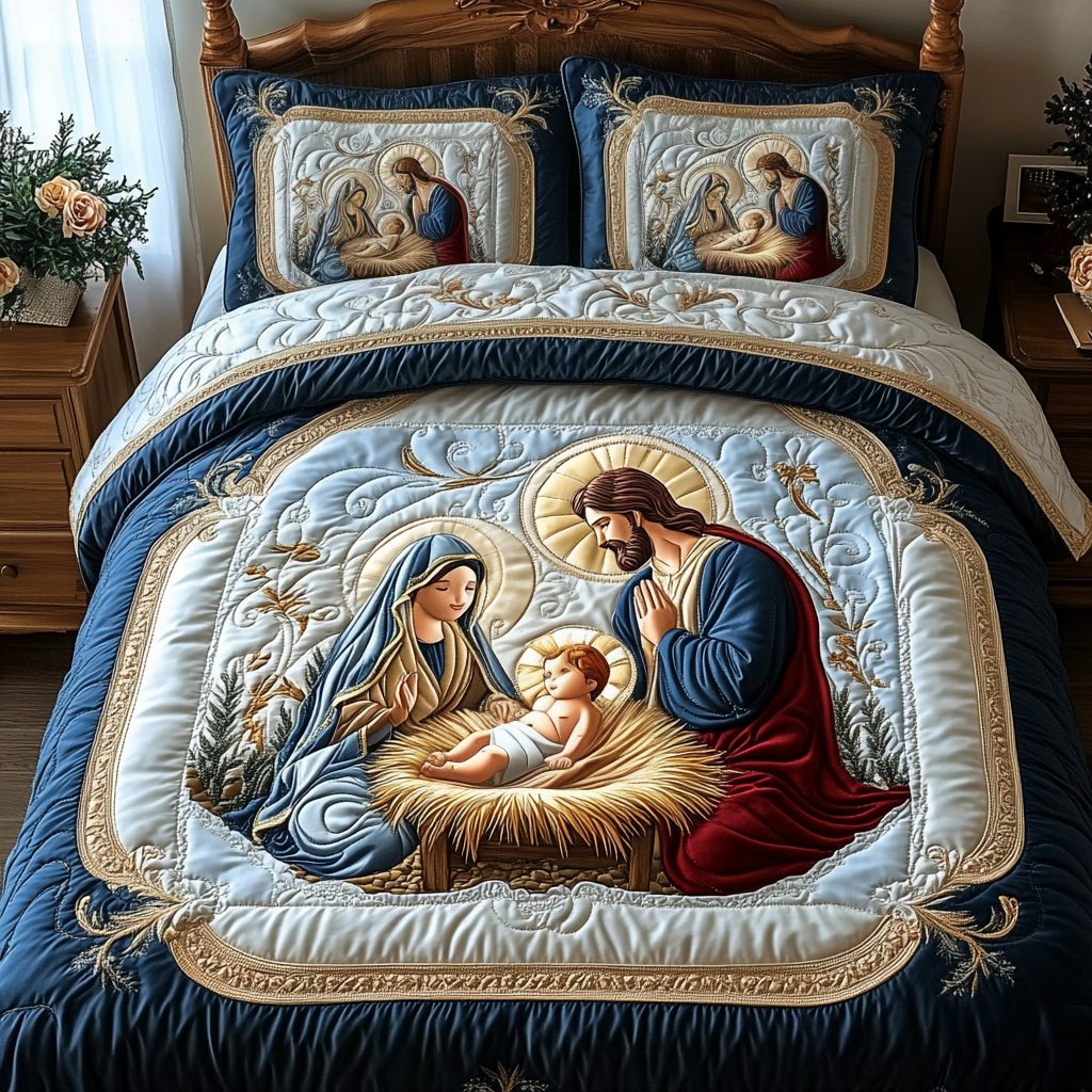 Bethlehem Light quilted 3-piece bedding set on a made bed with two matching pillow shams