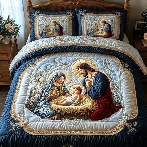 Bethlehem Light quilted 3-piece bedding set on a made bed with two matching pillow shams