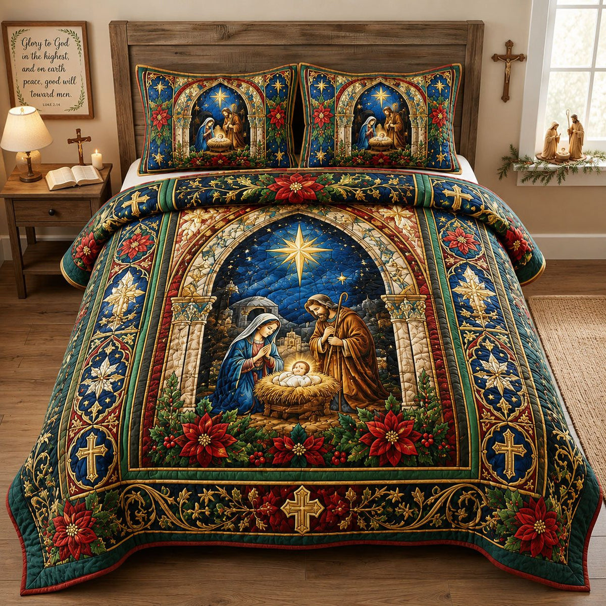 Bethlehem Nativity Star quilted 3-piece bedding set on a made bed in a winter-styled bedroom