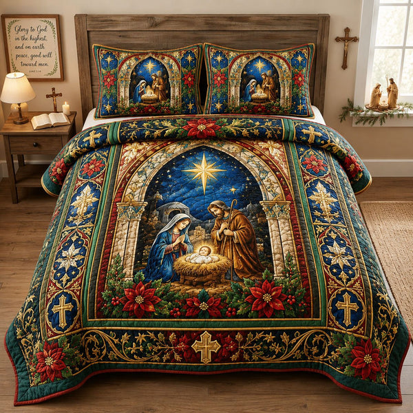 Bethlehem Nativity Star quilted 3-piece bedding set on a made bed in a winter-styled bedroom