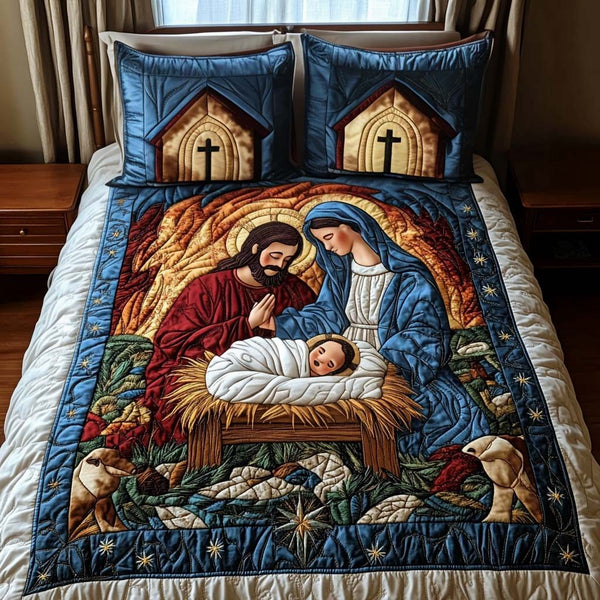 Bethlehem Night Sky quilted 3-piece bedding set on a made bed with two matching pillow shams
