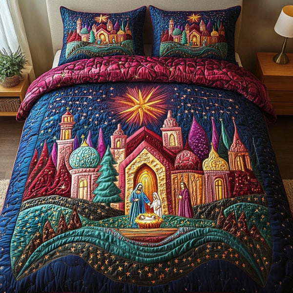 Bethlehem Star quilted 3-piece bedding set on a made bed with two matching pillow shams