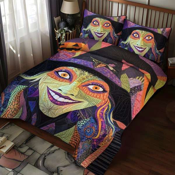 Bewitched Comfort quilted 3-piece bedding set on a made bed against a dark styled interior