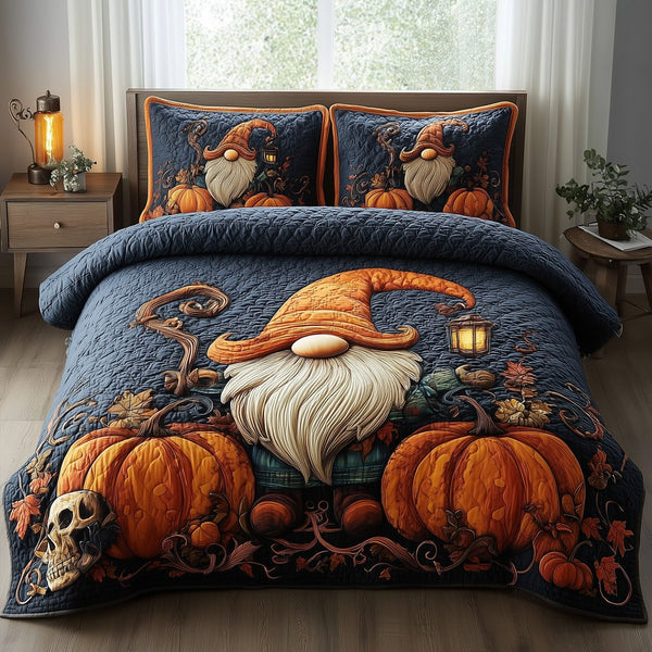 Bewitched Nights quilted 3-piece bedding set on a made bed against a dark styled interior