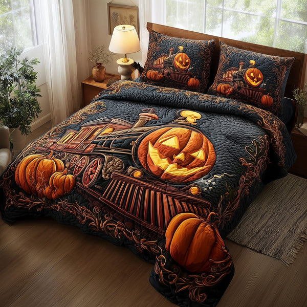 Bewitched Nights quilted 3-piece bedding set on a made bed against a dark styled interior