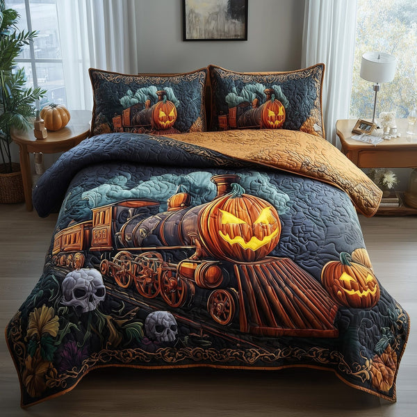 Bewitched Nights quilted 3-piece bedding set on a made bed against a dark styled interior