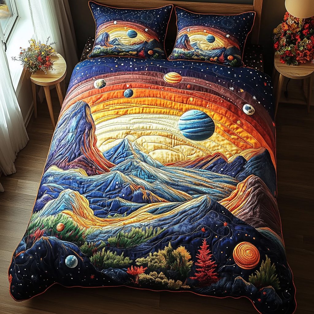 Beyond the Stars quilted 3-piece bedding set on a made bed with two matching pillow shams