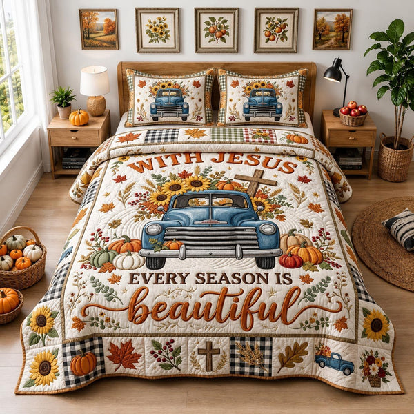 Bible Blessings quilted 3-piece bedding set on a made bed in a softly lit bedroom