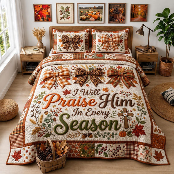 Bible Harvest quilted 3-piece bedding set on a made bed in a softly lit bedroom