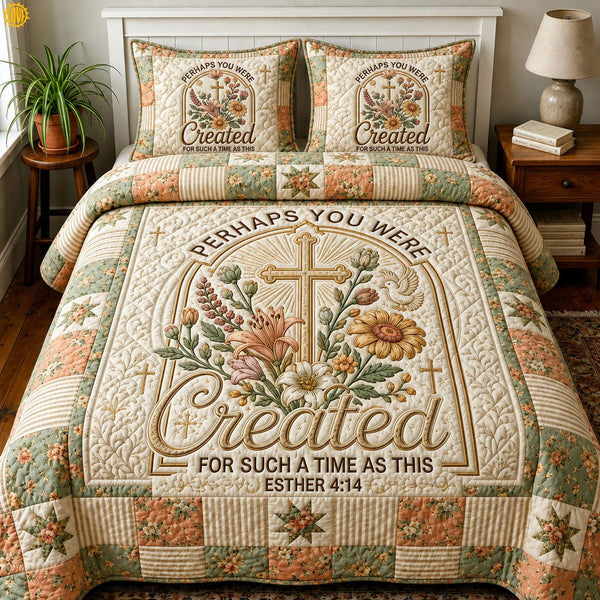 Bible Verse Floral quilted 3-piece bedding set on a made bed in a softly lit bedroom