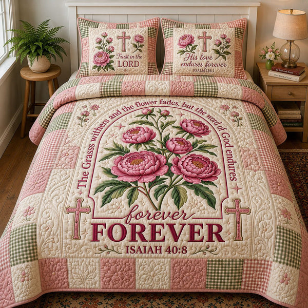 Bible Verse Floral quilted 3-piece bedding set on a made bed in a softly lit bedroom
