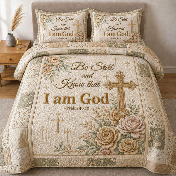 Bible Verse Floral quilted 3-piece bedding set on a made bed in a softly lit bedroom