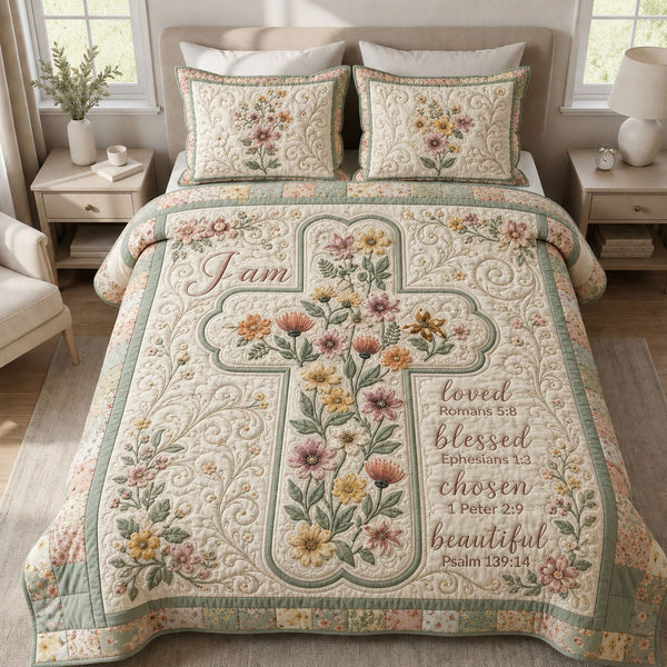 Bible Verse Floral quilted 3-piece bedding set on a made bed in a softly lit bedroom