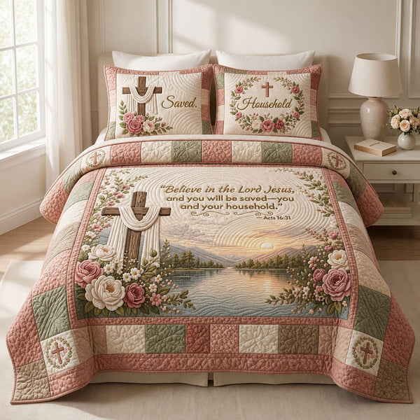 Bible Verse Floral quilted 3-piece bedding set on a made bed in a softly lit bedroom