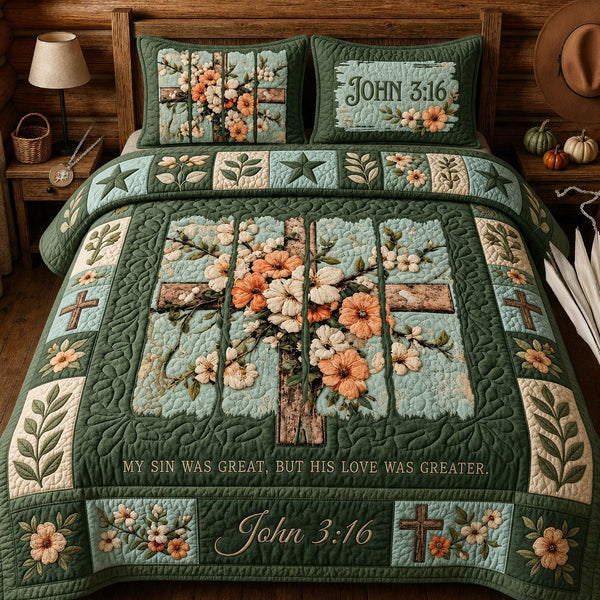 Bible Verse Floral quilted 3-piece bedding set on a made bed in a softly lit bedroom
