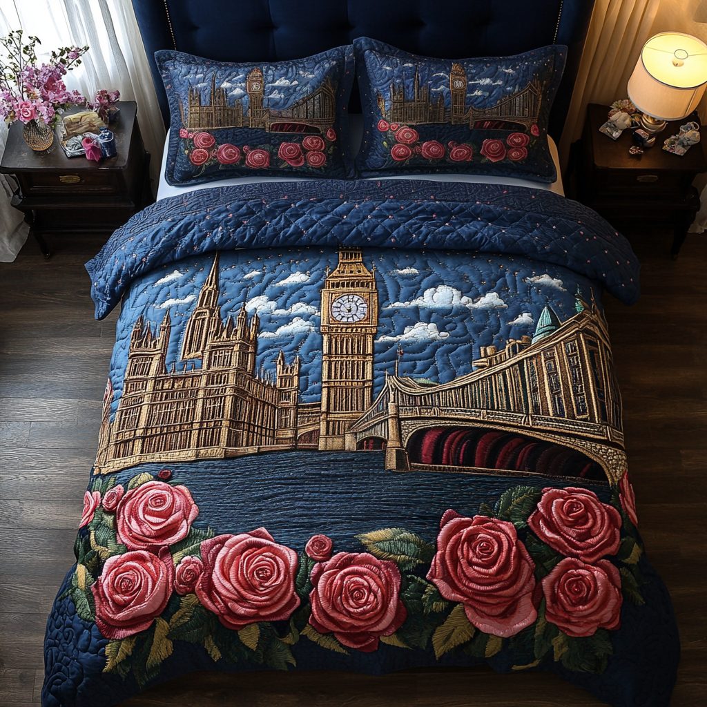 Big Ben Roses quilted 3-piece bedding set on a made bed with two matching pillow shams