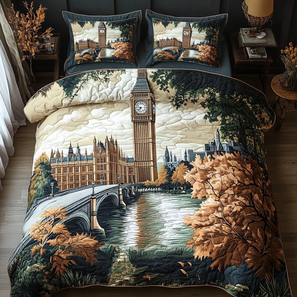 Big Ben View quilted 3-piece bedding set on a made bed with two matching pillow shams