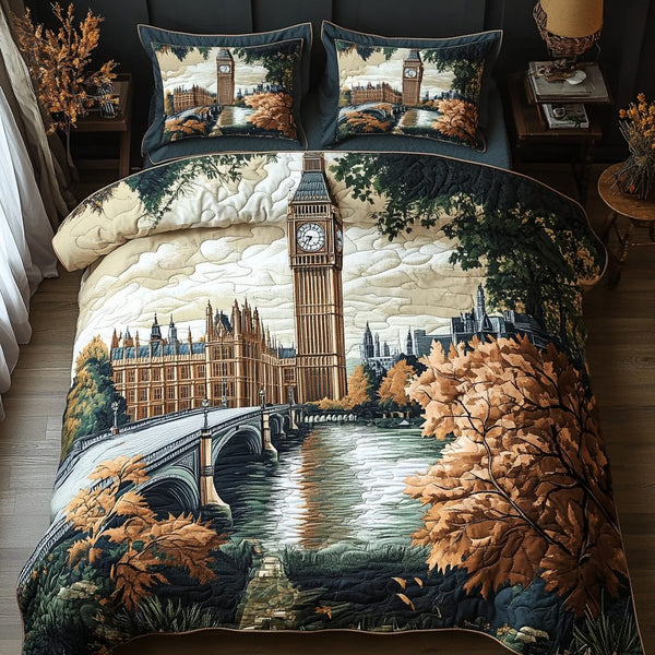 Big Ben View quilted 3-piece bedding set on a made bed with two matching pillow shams
