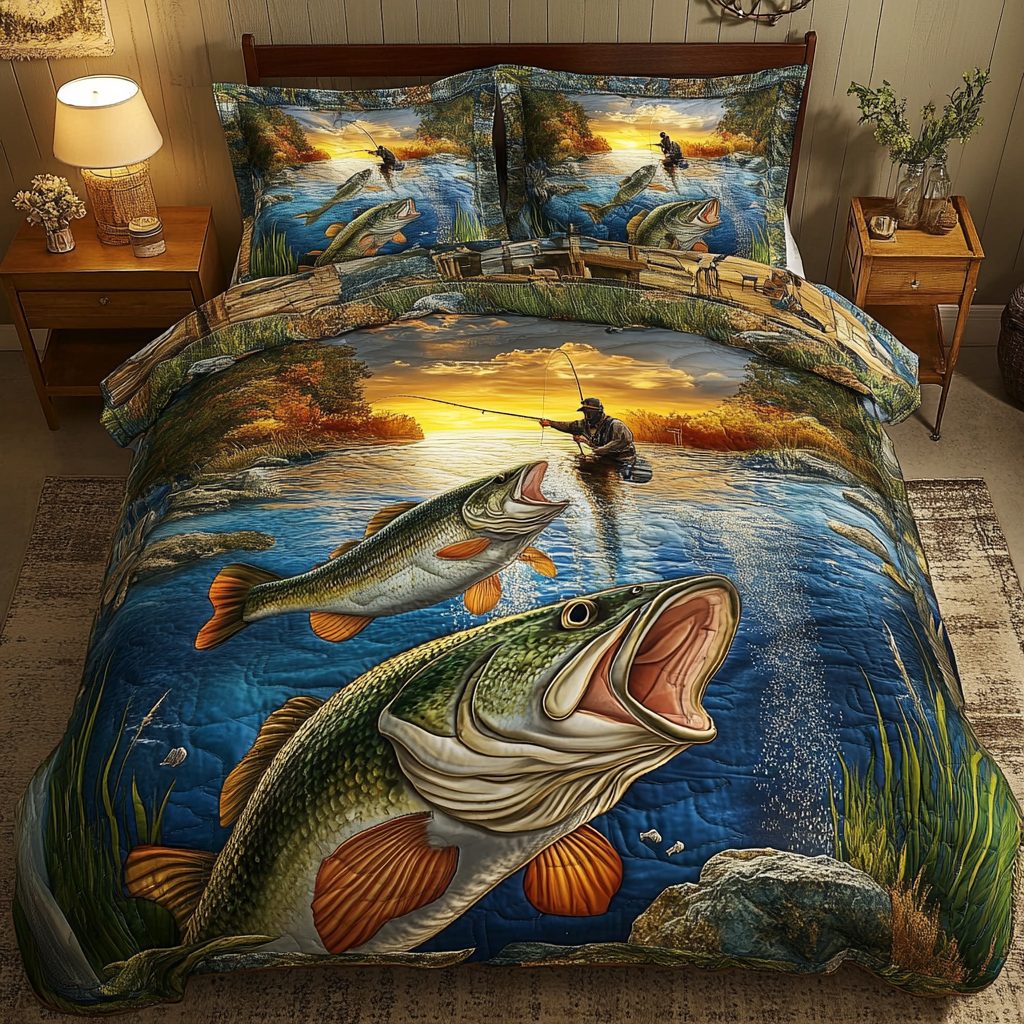 Big Catch quilted 3-piece bedding set on a made bed with two matching pillow shams